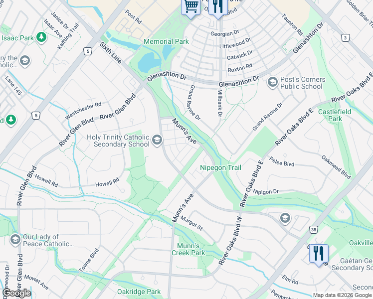 map of restaurants, bars, coffee shops, grocery stores, and more near 40 Chester Street in Oakville