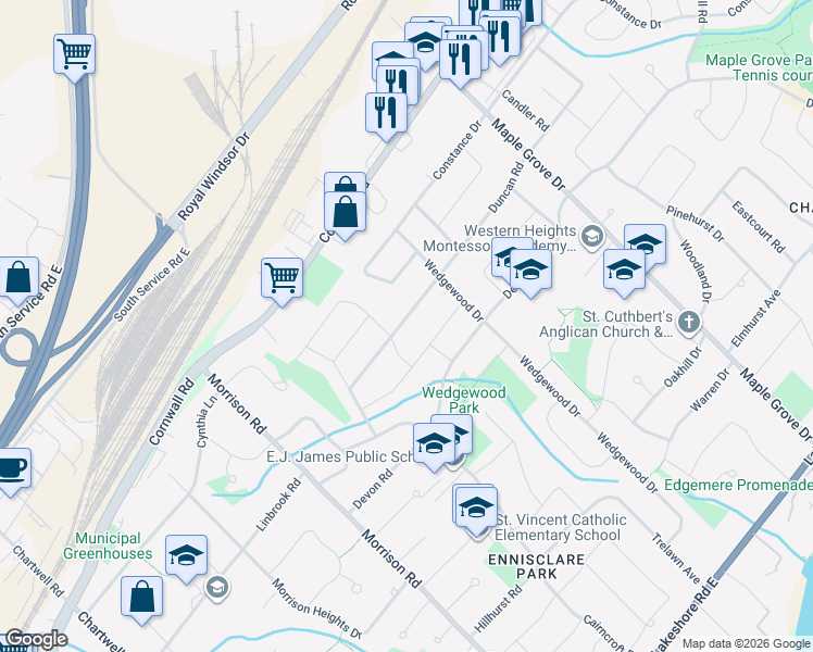 map of restaurants, bars, coffee shops, grocery stores, and more near 1404 Duncan Road in Oakville