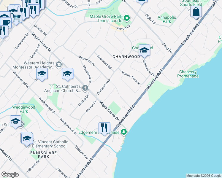 map of restaurants, bars, coffee shops, grocery stores, and more near 2047 Ardleigh Road in Oakville