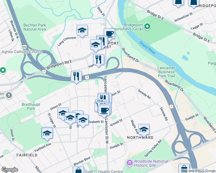 map of restaurants, bars, coffee shops, grocery stores, and more near 420 Lancaster Street West in Kitchener