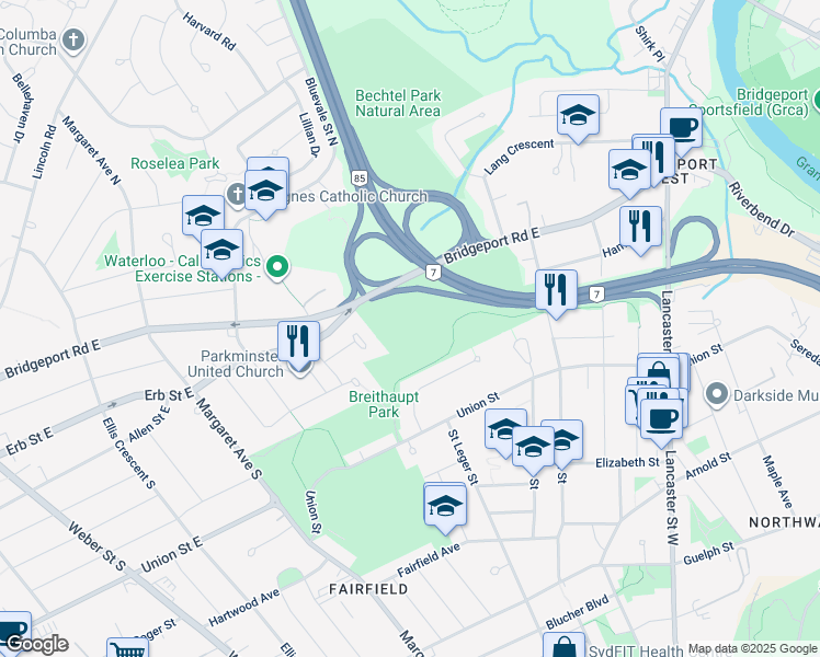 map of restaurants, bars, coffee shops, grocery stores, and more near 806 Union Street in Kitchener