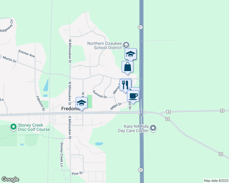 map of restaurants, bars, coffee shops, grocery stores, and more near Manor Drive in Fredonia