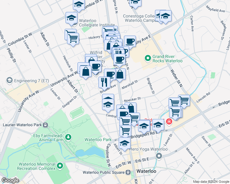 map of restaurants, bars, coffee shops, grocery stores, and more near 187 King Street North in Waterloo