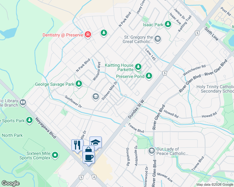 map of restaurants, bars, coffee shops, grocery stores, and more near in Oakville