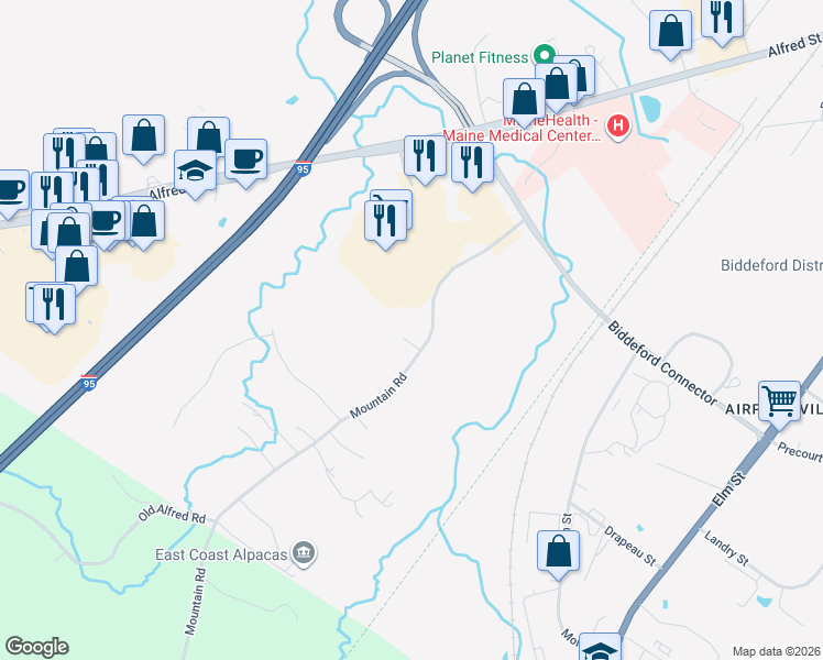 map of restaurants, bars, coffee shops, grocery stores, and more near 30 Mountain Road in Biddeford