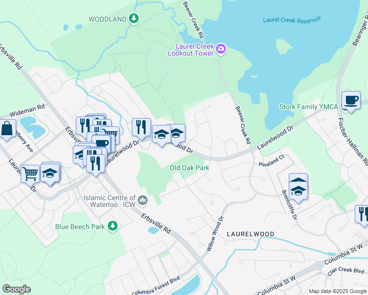 map of restaurants, bars, coffee shops, grocery stores, and more near 505 Laurelwood Drive in Waterloo