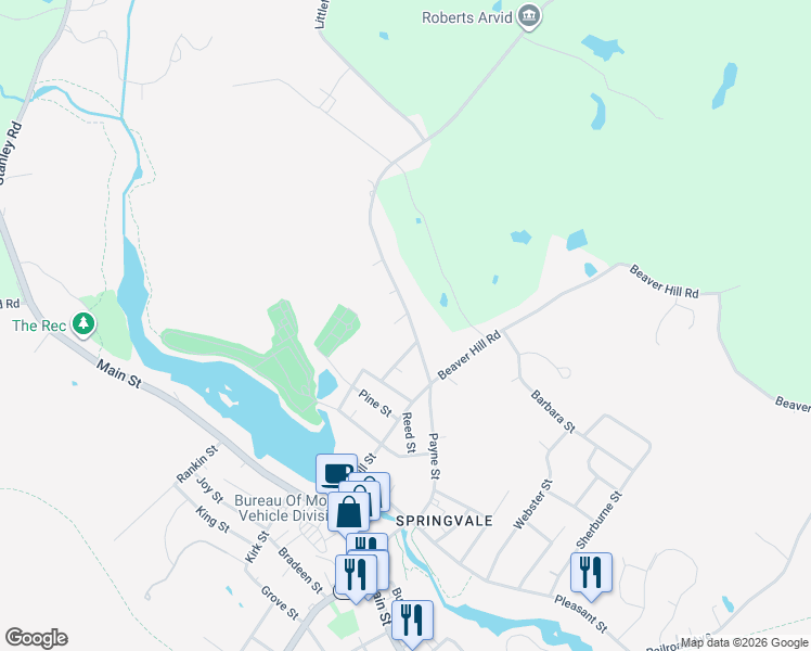map of restaurants, bars, coffee shops, grocery stores, and more near 36a Elm Street in Sanford