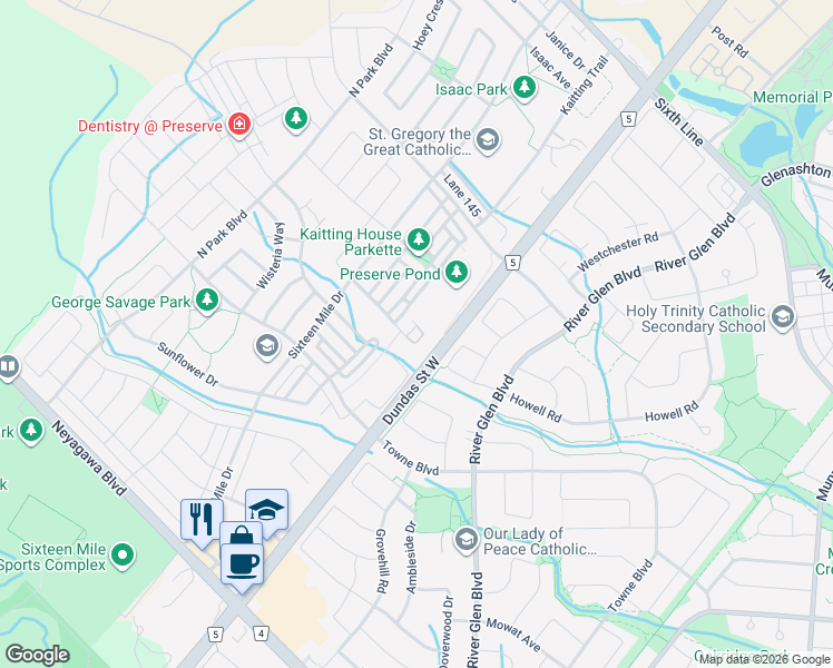 map of restaurants, bars, coffee shops, grocery stores, and more near 3002 Preserve Drive in Oakville