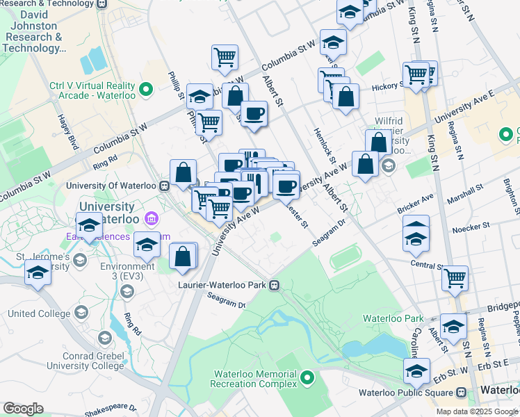 map of restaurants, bars, coffee shops, grocery stores, and more near 147 Waterloo Regional Road 57 in Waterloo