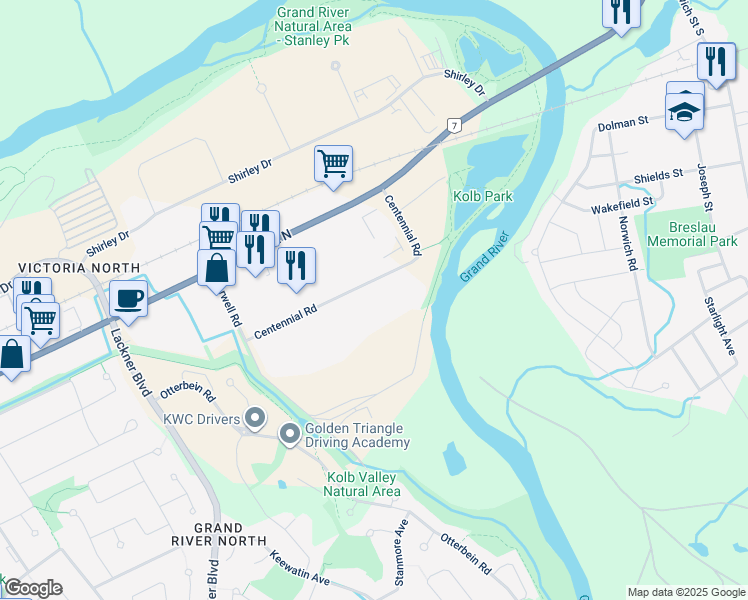 map of restaurants, bars, coffee shops, grocery stores, and more near 36 Centennial Road in Kitchener