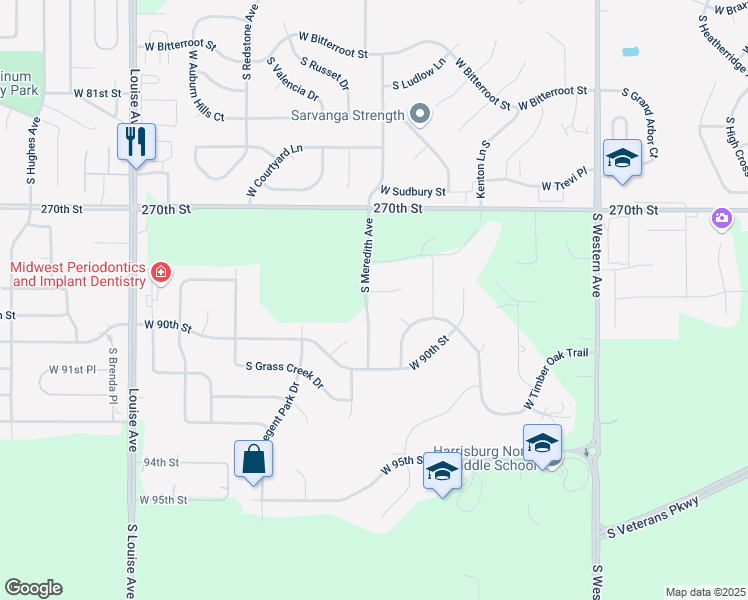map of restaurants, bars, coffee shops, grocery stores, and more near South Meredith Avenue in Sioux Falls