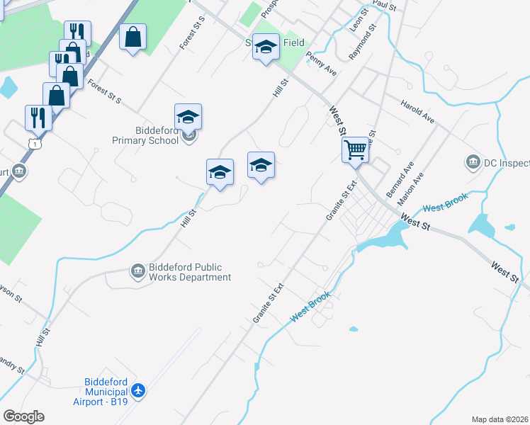 map of restaurants, bars, coffee shops, grocery stores, and more near 25 Tiger Way in Biddeford