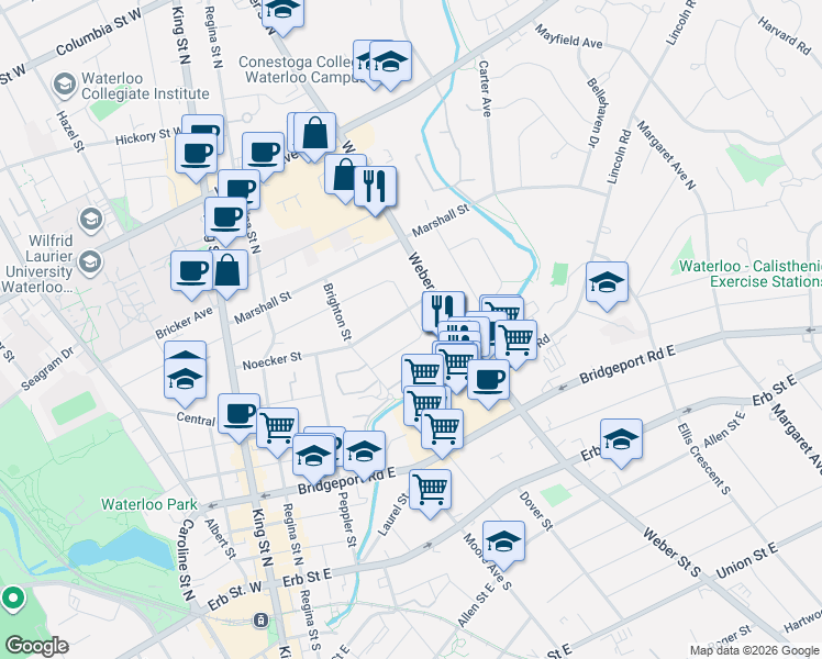 map of restaurants, bars, coffee shops, grocery stores, and more near 104 Elgin Crescent in Waterloo