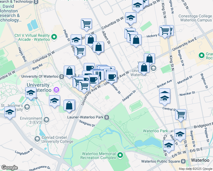 map of restaurants, bars, coffee shops, grocery stores, and more near 131 University Avenue West in Waterloo