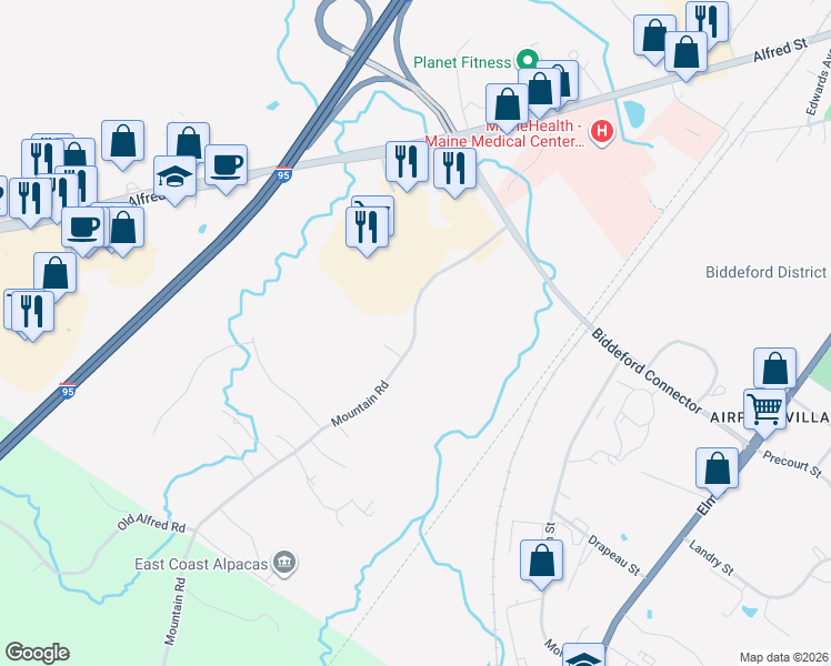 map of restaurants, bars, coffee shops, grocery stores, and more near 30 Mountain Road in Biddeford