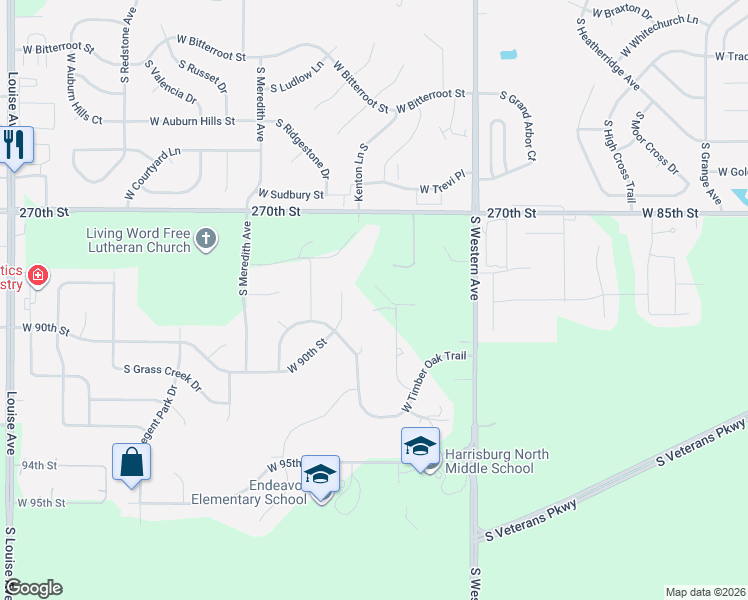 map of restaurants, bars, coffee shops, grocery stores, and more near 8005 South Windswept Circle in Sioux Falls