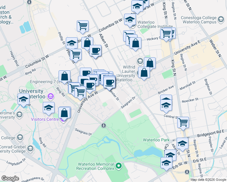 map of restaurants, bars, coffee shops, grocery stores, and more near 202 Lester Street in Waterloo