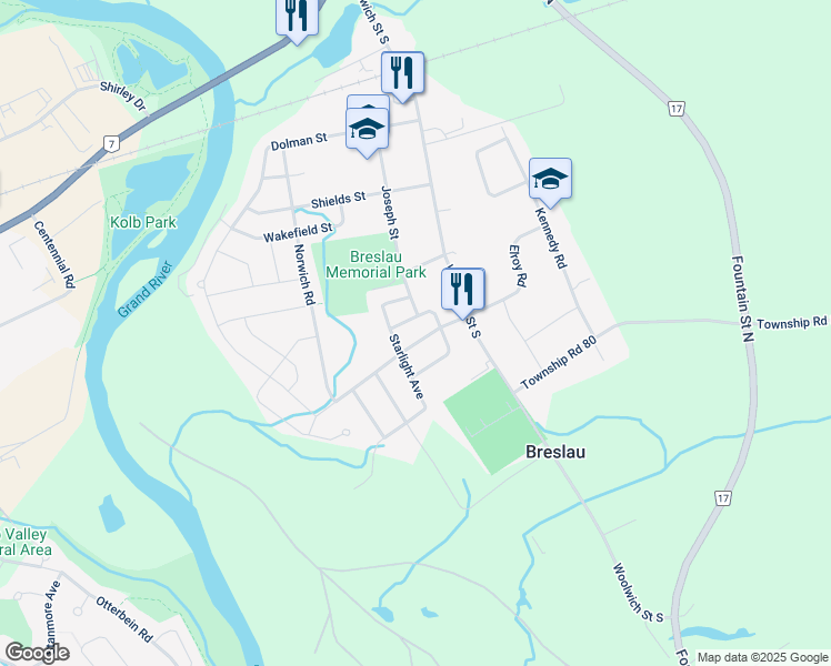 map of restaurants, bars, coffee shops, grocery stores, and more near 2 Joseph Street in Breslau