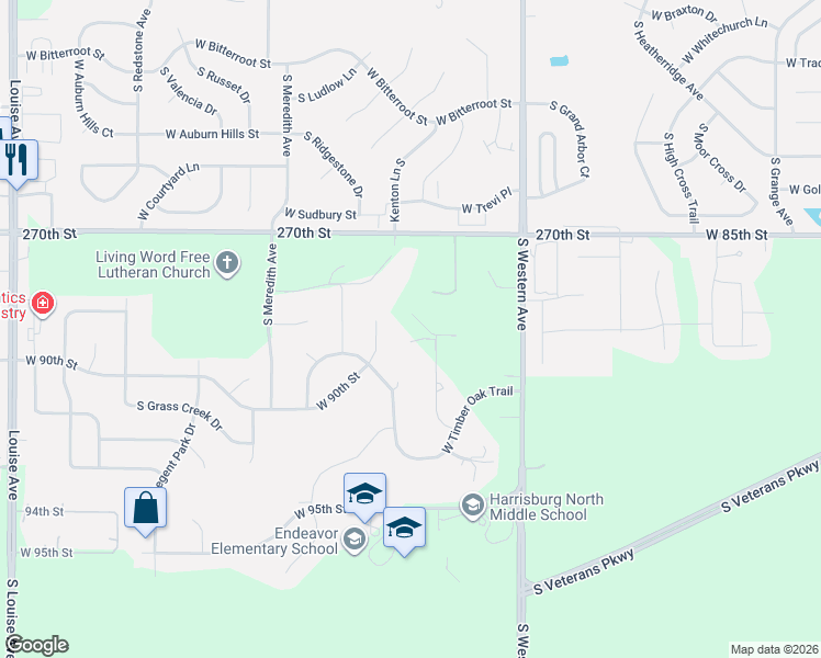 map of restaurants, bars, coffee shops, grocery stores, and more near 8005 South Windswept Circle in Sioux Falls