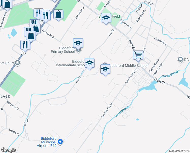 map of restaurants, bars, coffee shops, grocery stores, and more near 335 Hill Street in Biddeford