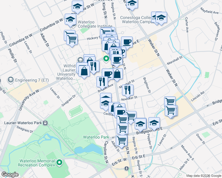 map of restaurants, bars, coffee shops, grocery stores, and more near 173 King Street North in Waterloo