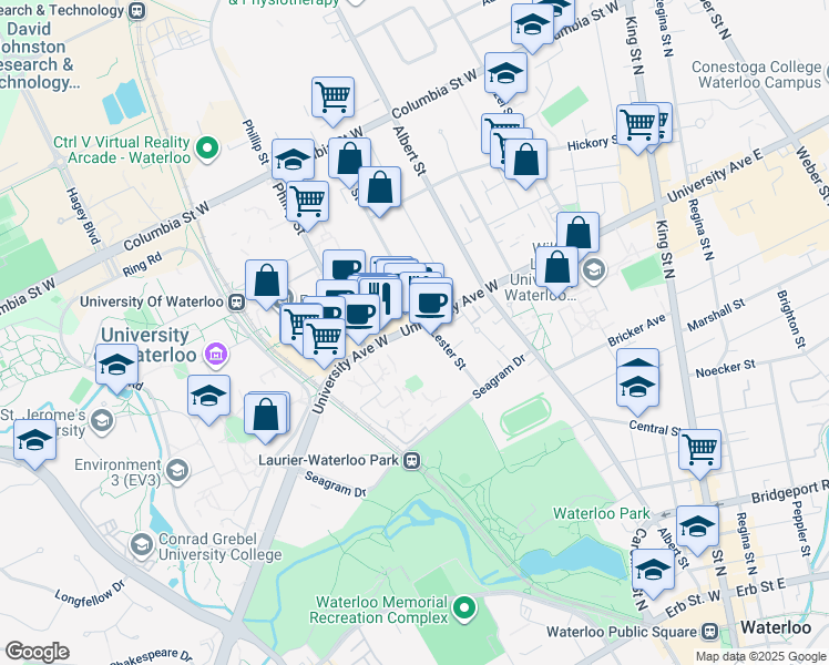 map of restaurants, bars, coffee shops, grocery stores, and more near 131 University Avenue West in Waterloo