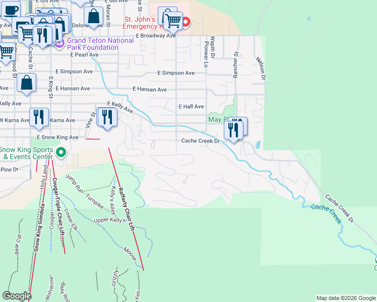 map of restaurants, bars, coffee shops, grocery stores, and more near 600-714 Cache Creek Drive in Jackson