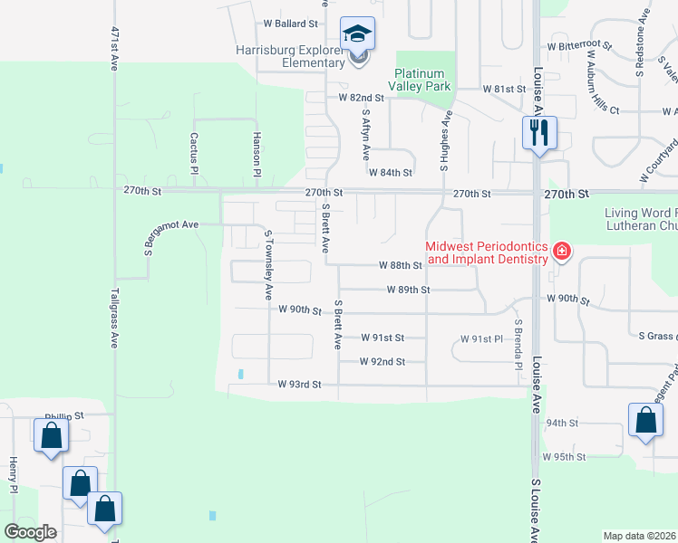 map of restaurants, bars, coffee shops, grocery stores, and more near 7700 South Brett Avenue in Sioux Falls