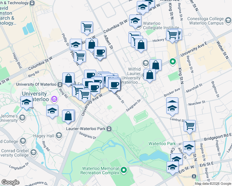 map of restaurants, bars, coffee shops, grocery stores, and more near 131 University Avenue West in Waterloo