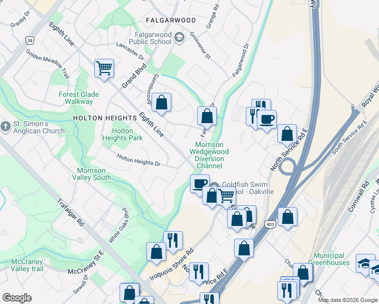 map of restaurants, bars, coffee shops, grocery stores, and more near 1007 Falgarwood Drive in Oakville