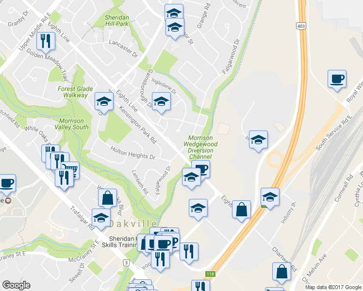 map of restaurants, bars, coffee shops, grocery stores, and more near 1007 Falgarwood Drive in Oakville