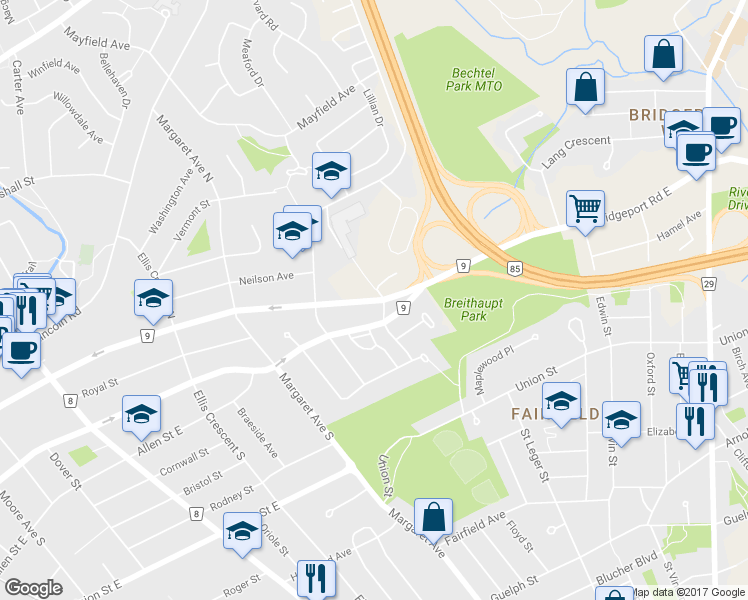 map of restaurants, bars, coffee shops, grocery stores, and more near 316 Bridgeport Road East in Waterloo