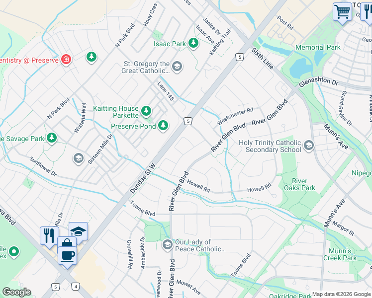 map of restaurants, bars, coffee shops, grocery stores, and more near in Oakville