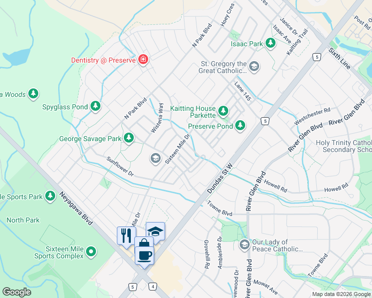 map of restaurants, bars, coffee shops, grocery stores, and more near 3087 Mistletoe Gardens in Oakville