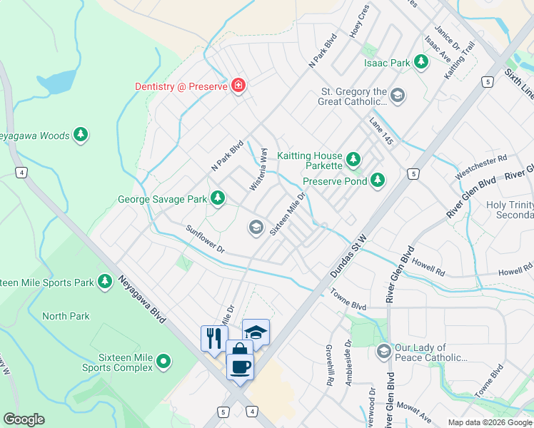 map of restaurants, bars, coffee shops, grocery stores, and more near 357 Leadwood Gate in Oakville