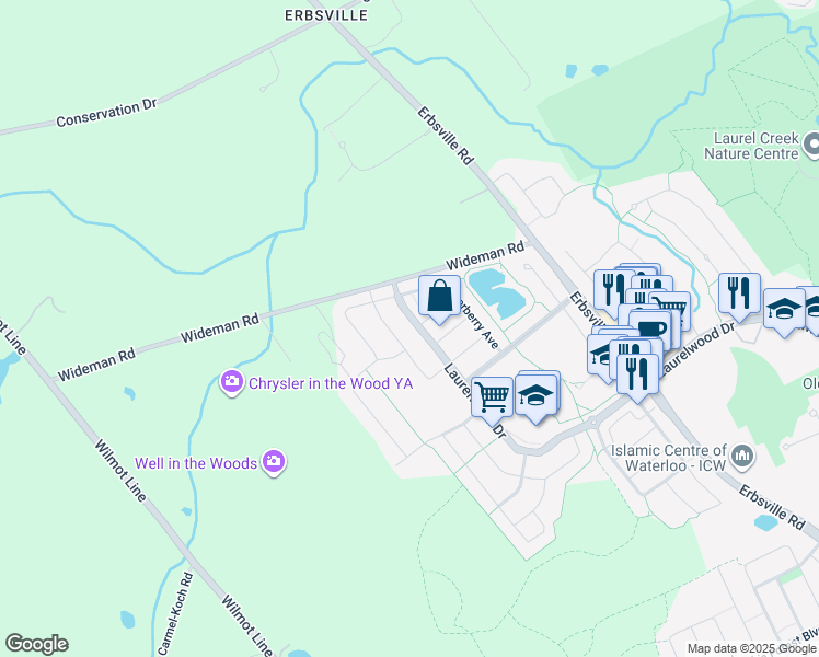 map of restaurants, bars, coffee shops, grocery stores, and more near 857 Laurelwood Drive in Waterloo