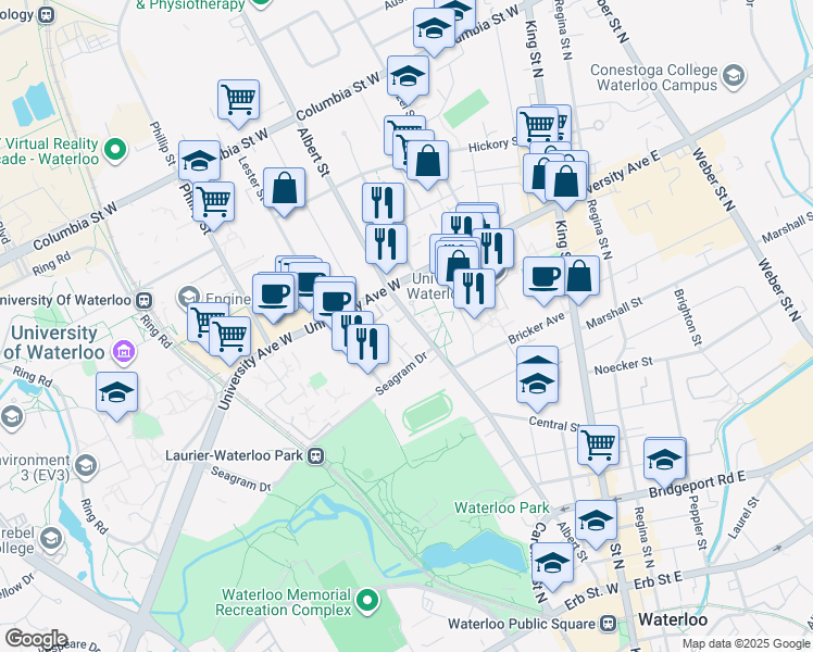 map of restaurants, bars, coffee shops, grocery stores, and more near 189 Albert Street in Waterloo