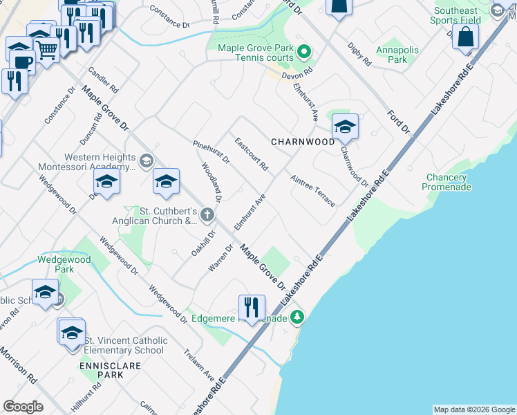 map of restaurants, bars, coffee shops, grocery stores, and more near 2048 Elmhurst Avenue in Oakville