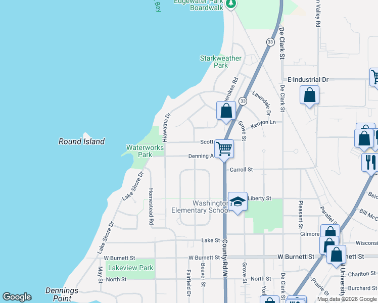 map of restaurants, bars, coffee shops, grocery stores, and more near 725 Scott Street in Beaver Dam