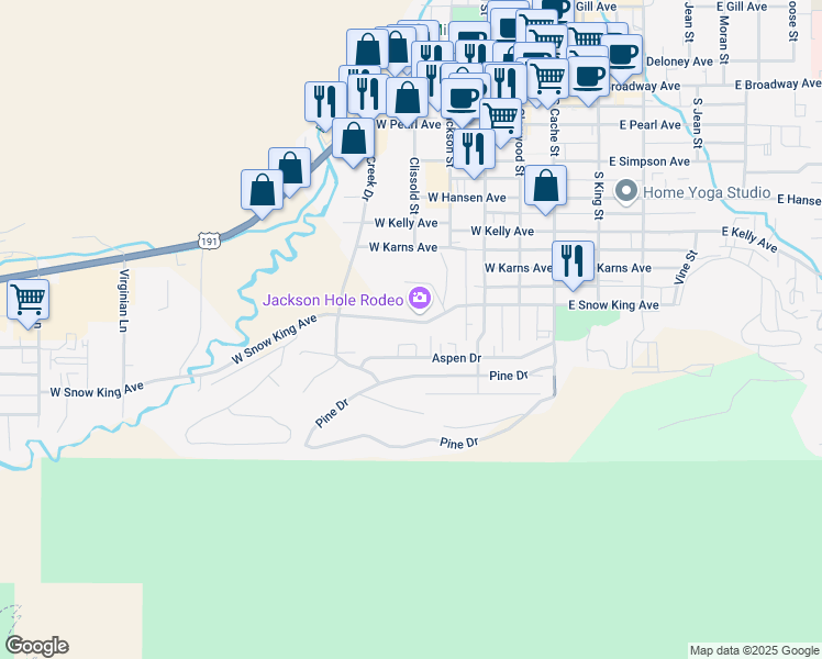 map of restaurants, bars, coffee shops, grocery stores, and more near 234-450 W Snow King Ave in Jackson
