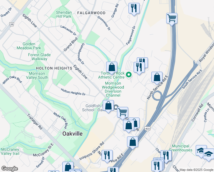 map of restaurants, bars, coffee shops, grocery stores, and more near 1023 Falgarwood Drive in Oakville