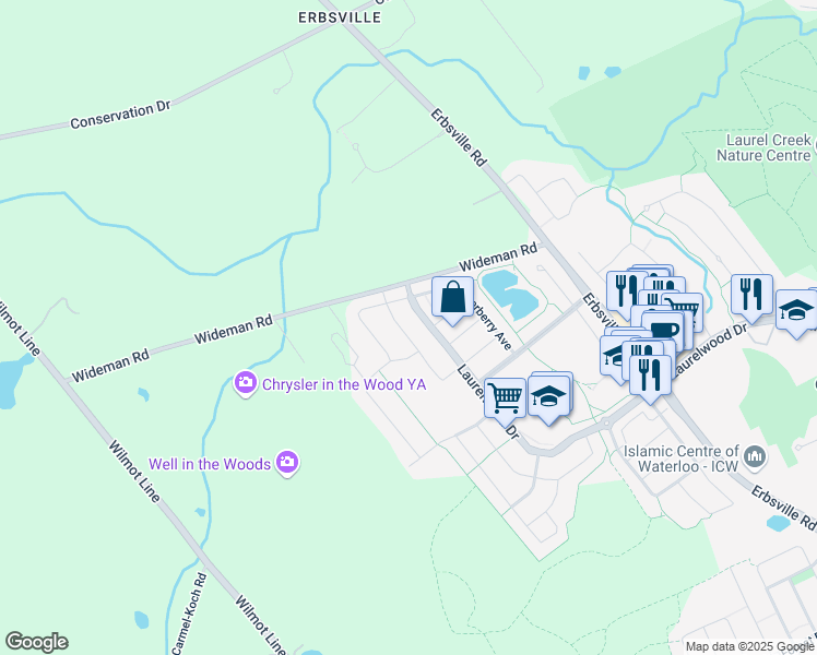 map of restaurants, bars, coffee shops, grocery stores, and more near 857 Laurelwood Drive in Waterloo