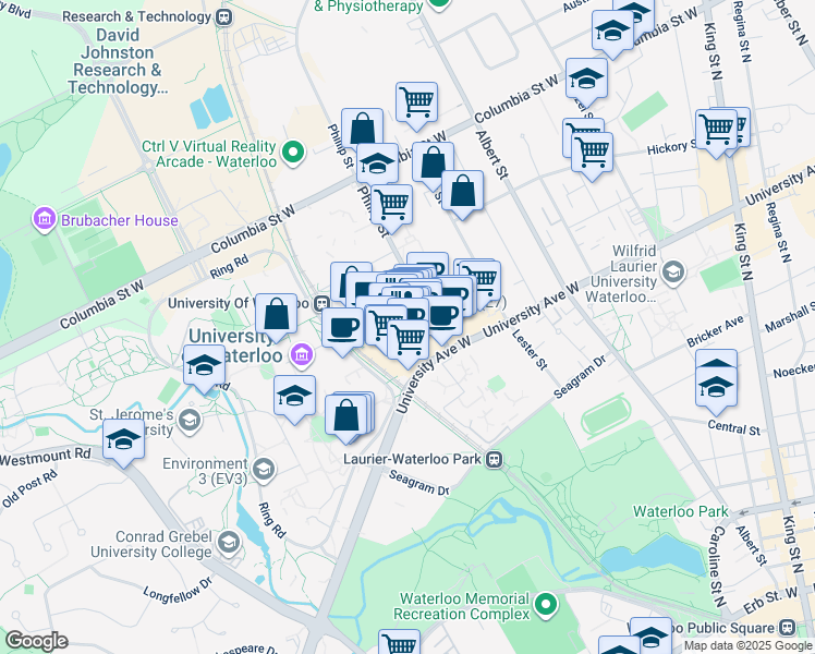 map of restaurants, bars, coffee shops, grocery stores, and more near 170 University Avenue West in Waterloo