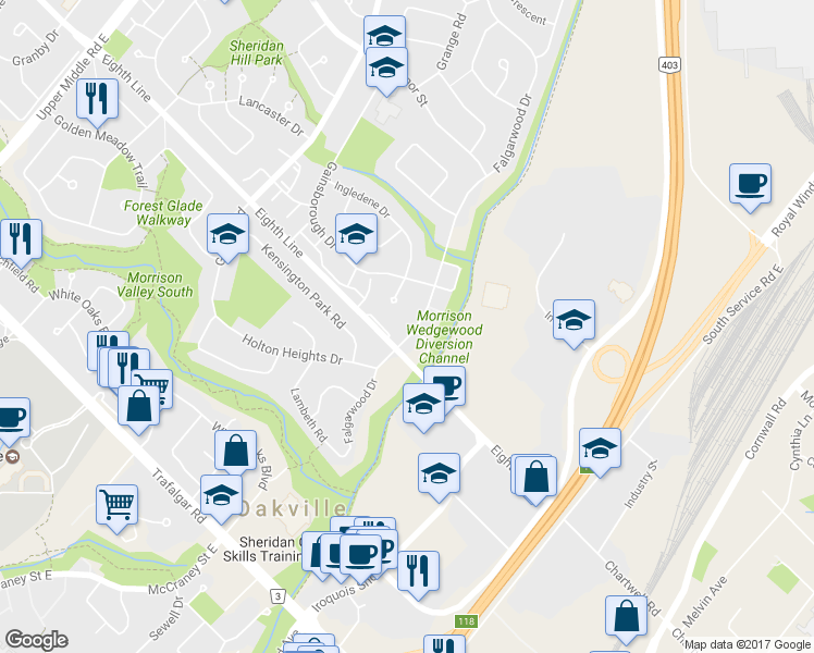map of restaurants, bars, coffee shops, grocery stores, and more near 1015 Falgarwood Drive in Oakville