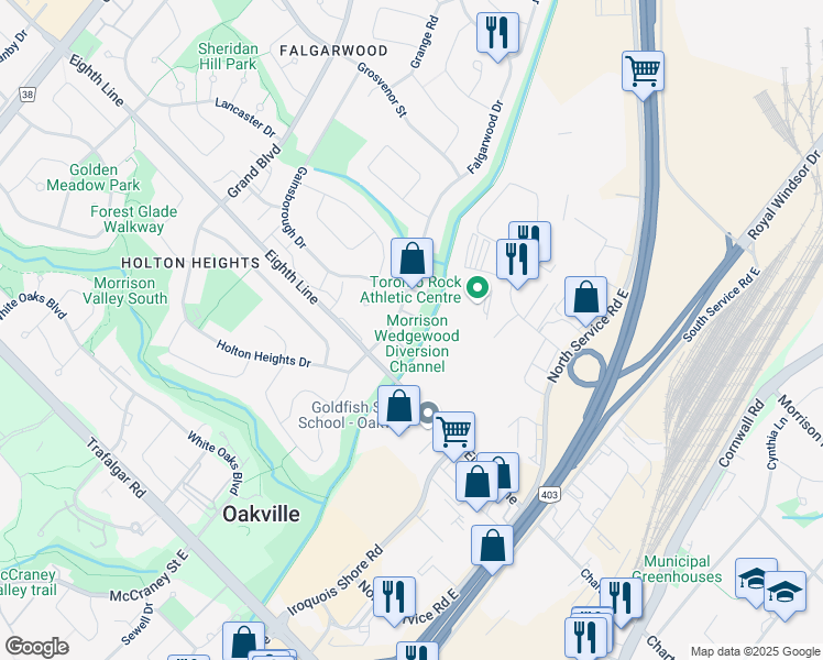 map of restaurants, bars, coffee shops, grocery stores, and more near 1030 Falgarwood Drive in Oakville