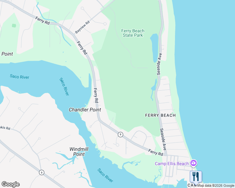 map of restaurants, bars, coffee shops, grocery stores, and more near 530 Ferry Road in Saco