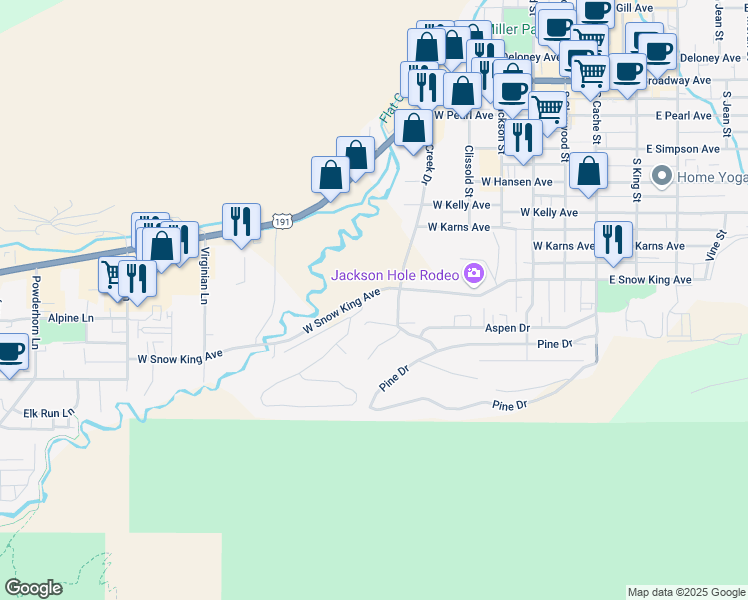 map of restaurants, bars, coffee shops, grocery stores, and more near 590 Rodeo Drive in Jackson