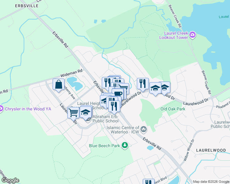 map of restaurants, bars, coffee shops, grocery stores, and more near 600 Laurelwood Drive in Waterloo