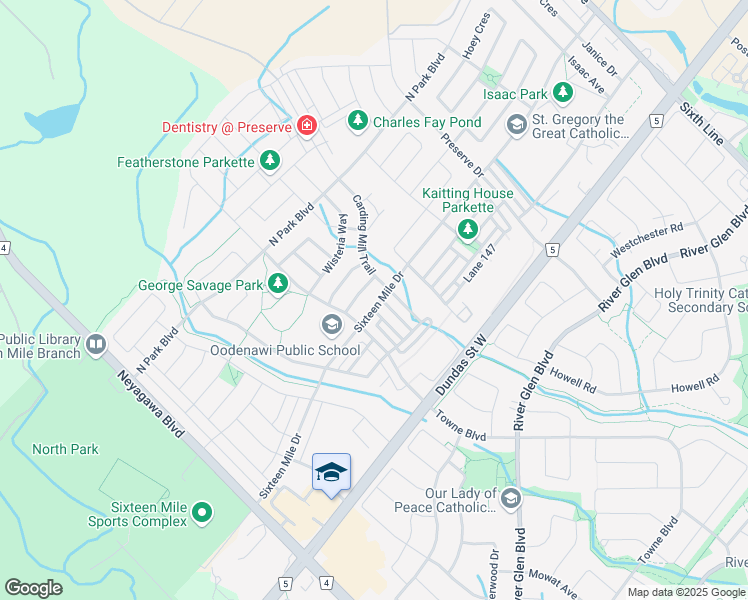 map of restaurants, bars, coffee shops, grocery stores, and more near 347 Sixteen Mile Drive in Oakville