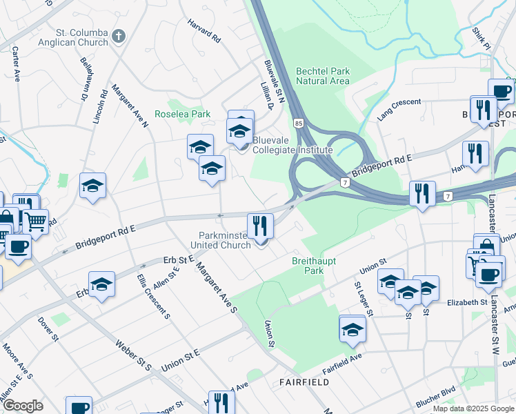 map of restaurants, bars, coffee shops, grocery stores, and more near 316 Bridgeport Road East in Waterloo